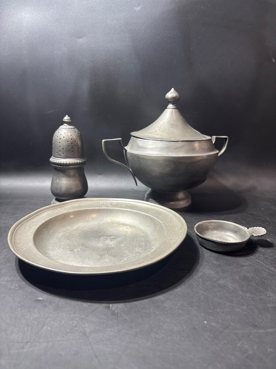 Pewter Serving Set with Dish, Covered Bowl, Sugar Bowl, and Shaker