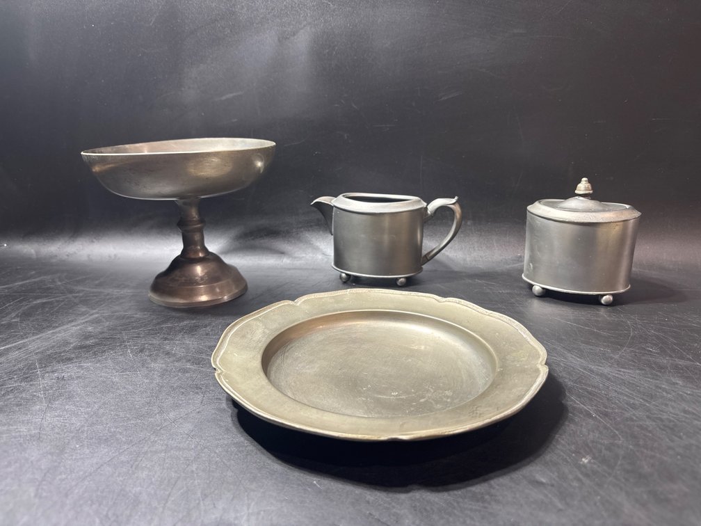 Four-Piece Pewter Tableware Collection with Hallmarks