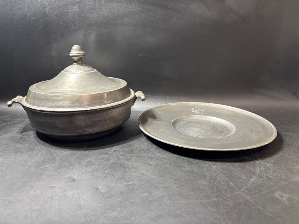 Lidded Pewter Serving Dish with Handles and Matching Plate