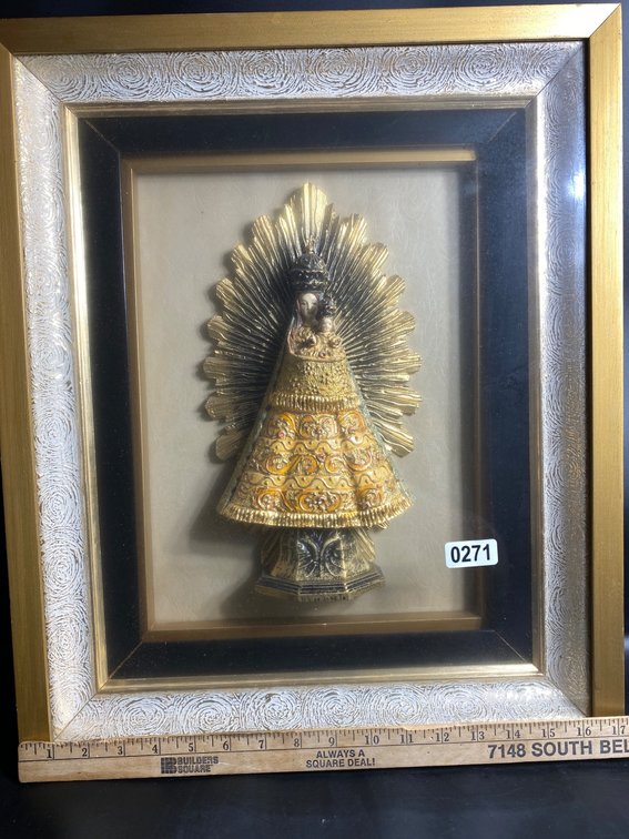 Framed Religious Icon of Virgin Mary in Ornate Gilded Garment