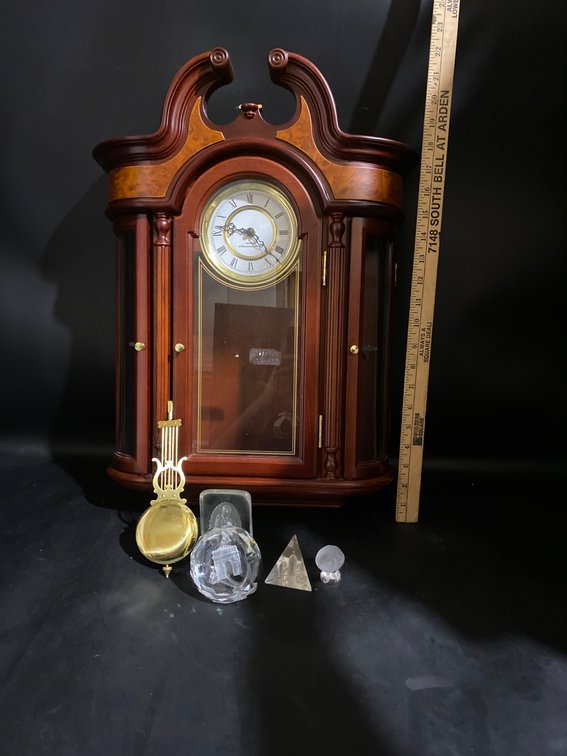 Mahogany Wood Wall Clock with Glass Pendulum and Decorative Crystal Pieces