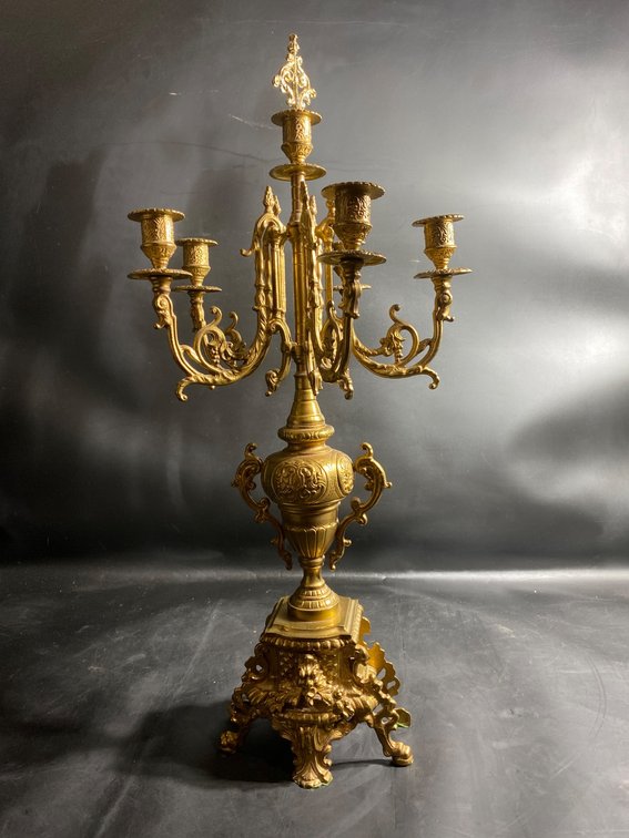 Ornate Gilded Brass Candelabra with Five Arms and Decorative Base
