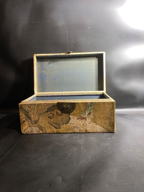 Decorative Lacquered Wooden Box with Painted Scenes and Metal Details