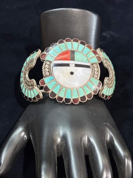 Sterling Silver Roger Skeet Zuni Inlay Cuff Bracelet with Sunface Design