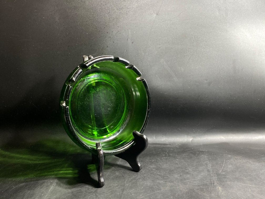 Two Vintage Glass Ashtrays in Green and Yellow
