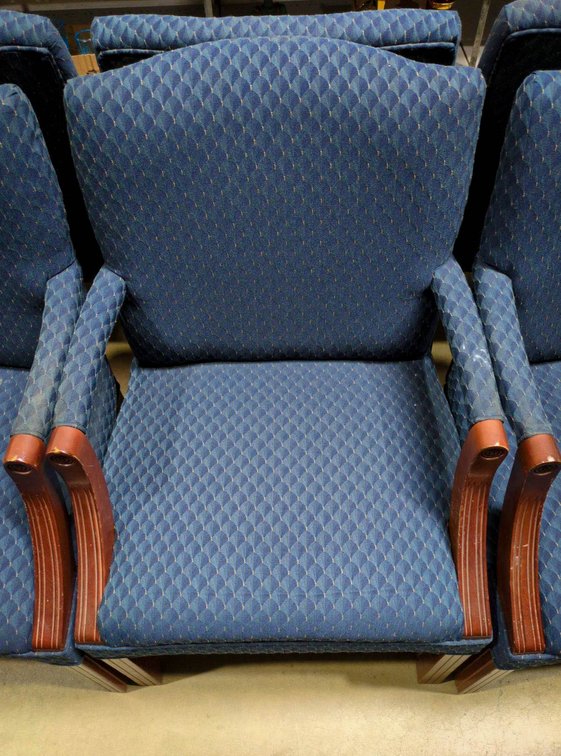 Blue Upholstered Armchairs with Wooden Arms and Frames
