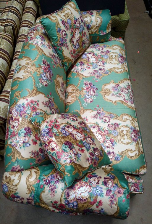 Floral-Pattern Loveseat in Turquoise With Matching Throw Pillows