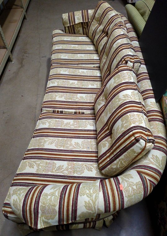 Striped Upholstered Sofa with Wooden Trim