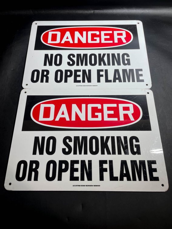 Two ‘Danger: No Smoking or Open Flame’ Metal Signs