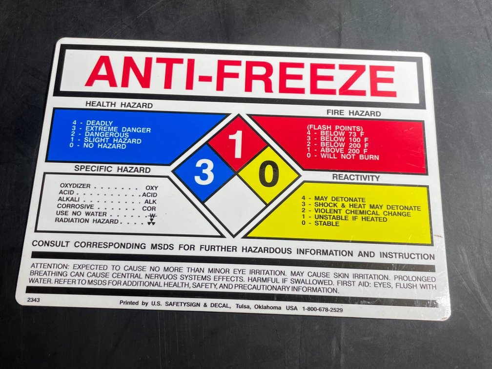 Anti-Freeze Safety Information Label with NFPA Hazard Diamond