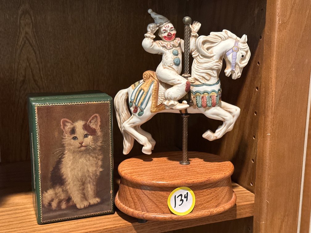 Carved Wooden Carousel Horse Music Box and Green Swiss Music Box with Cat Design