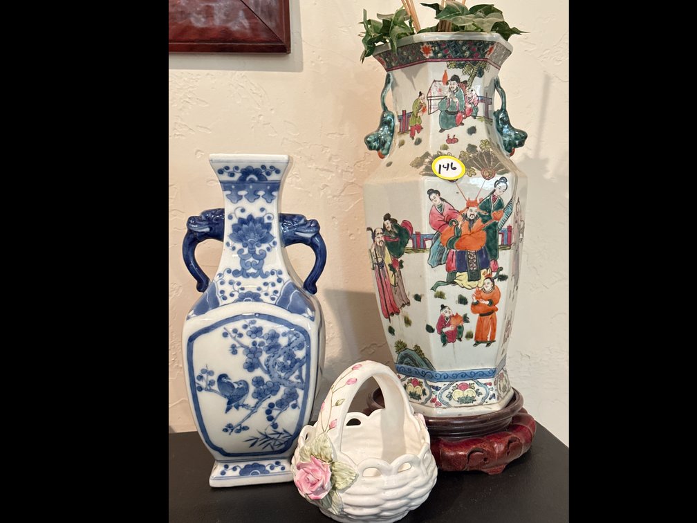Porcelain Vases and Basket with Floral Accents