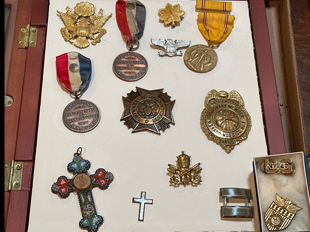 Military and Service Medals, Pins, and Badges in Shadow Box