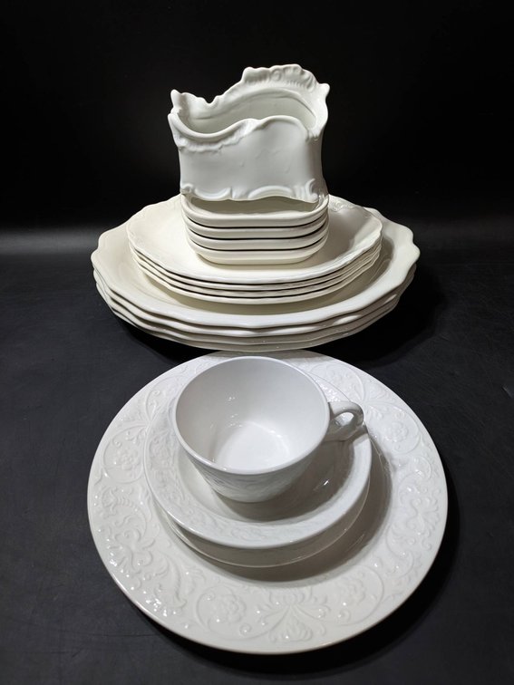 Assorted White Dinnerware Pieces, Including Teacup with Saucer and Napkin Holder