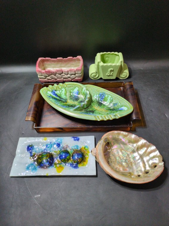 Assorted Ceramic, Glass, and Shell Trays and Planters