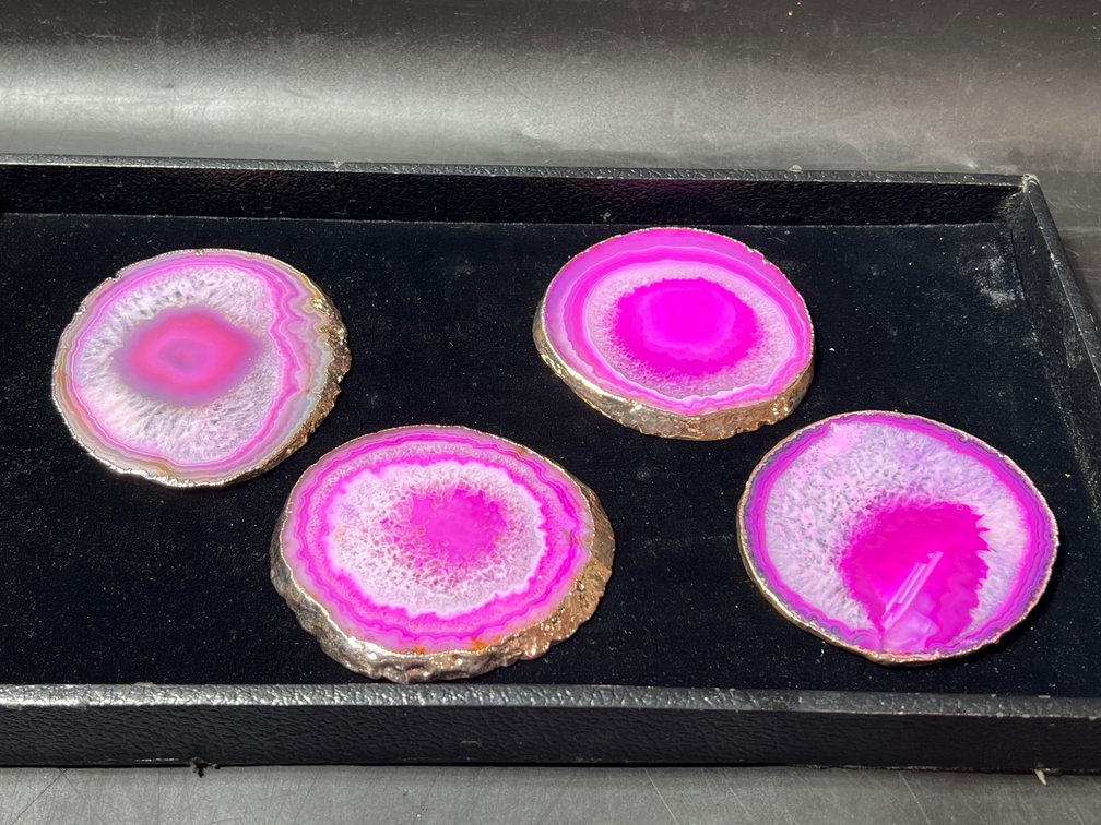 Four Anna New York Pink Agate Coasters with Gold Edging