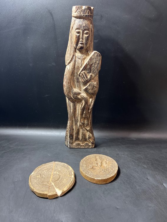 Wooden Madonna Statue with Two Plaster Seals