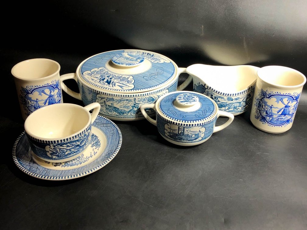 Blue and White Transferware Ceramic Serving and Drinkware Set