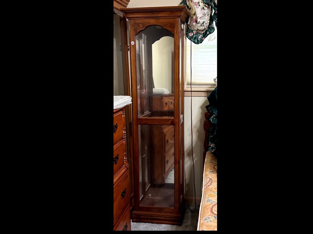 Wooden Display Cabinet with Glass Shelves and Mirrored Back