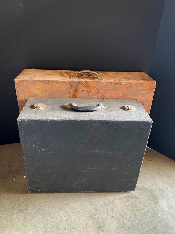 Two Vintage Carry Cases, Wood and Fabric, With Red Interior Features