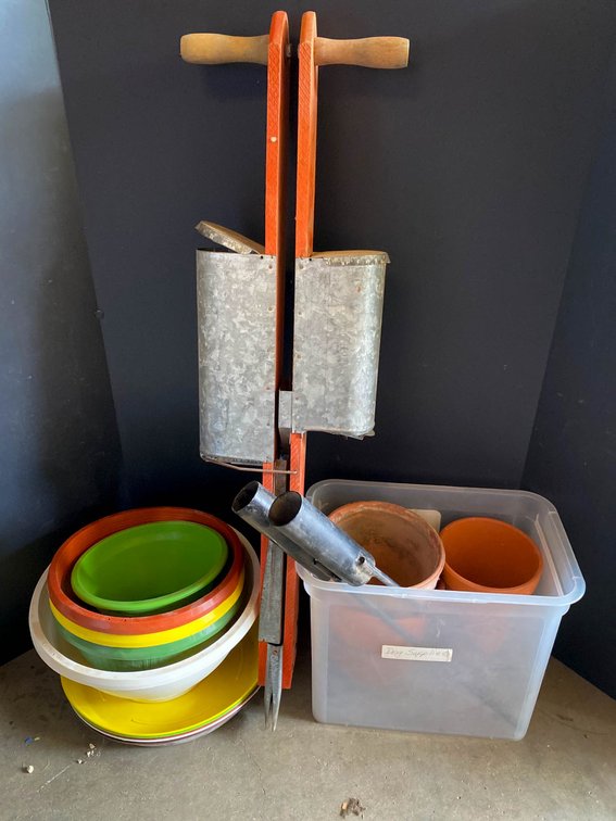 Gardening Tools, Terracotta Pots, and Plastic Planters