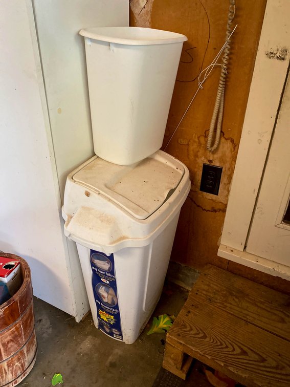 White Plastic Trash Can with Lid and Smaller White Bin