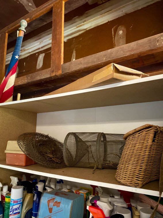 Fishing Gear Including Creels, Tackle Box, and Nets