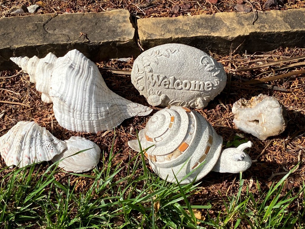 Concrete Outdoor Decor Set With Shells, Welcome Stone, and Quartz Crystal