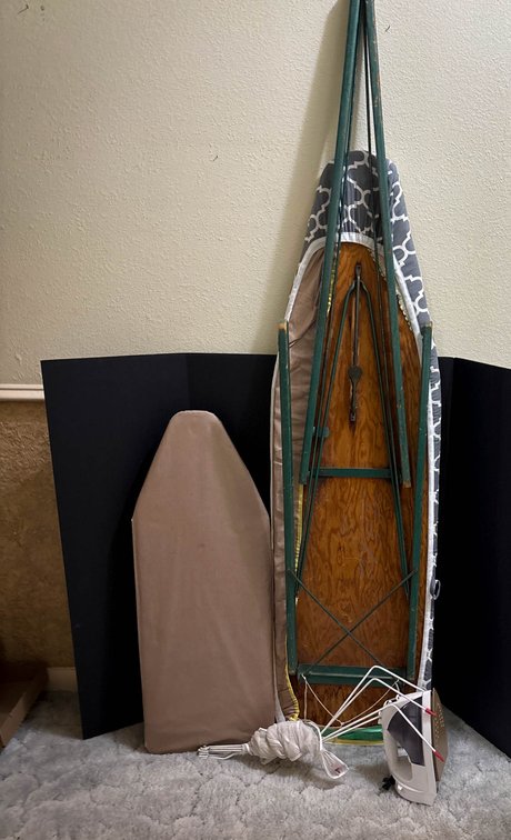 Wooden Ironing Board, Small Ironing Board, and Panasonic 360 Freestyle Iron