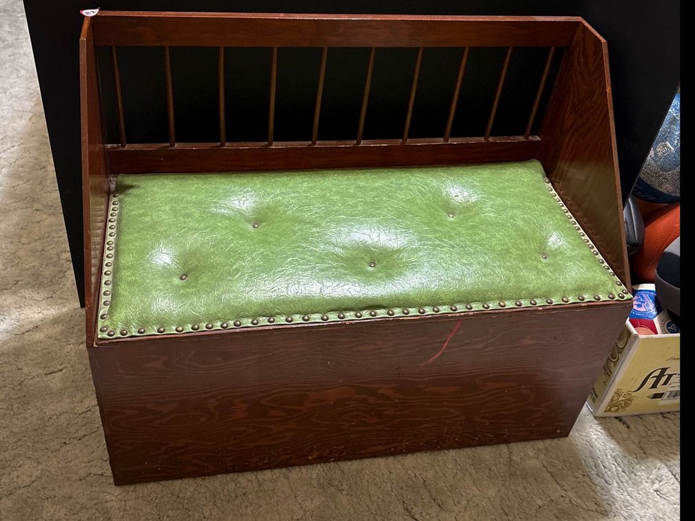 Wooden Storage Bench With Green Upholstered Seat