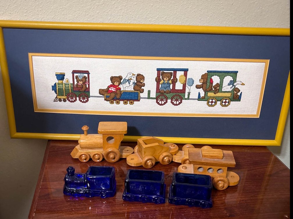 Handmade Wooden Train Set with Framed Needlepoint Artwork and Cobalt Glass Train Items