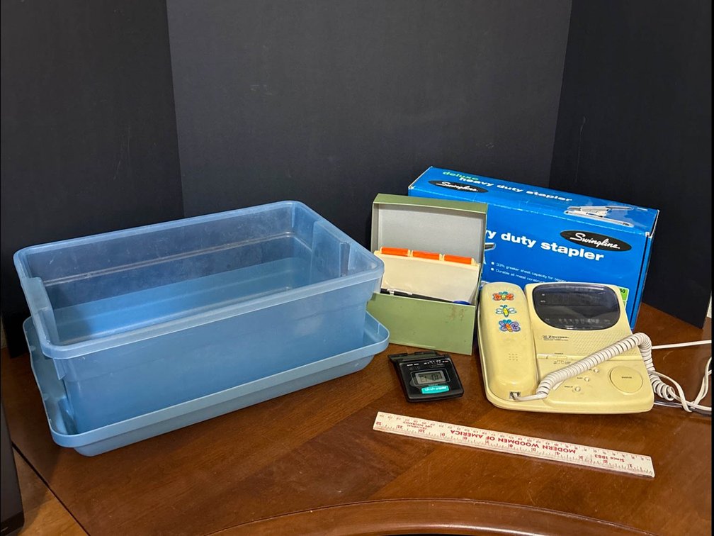 Office Supplies Lot with Phone, Stapler, File Box, and Accessories