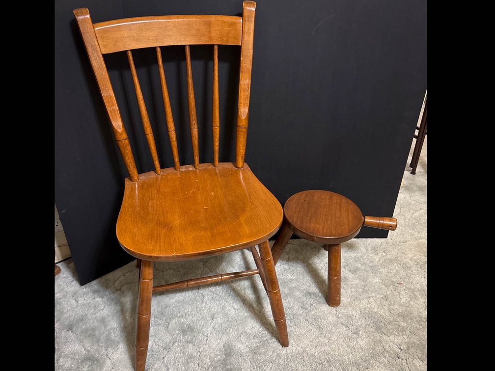 Wooden Spindle Back Chair and Small Wooden Stool