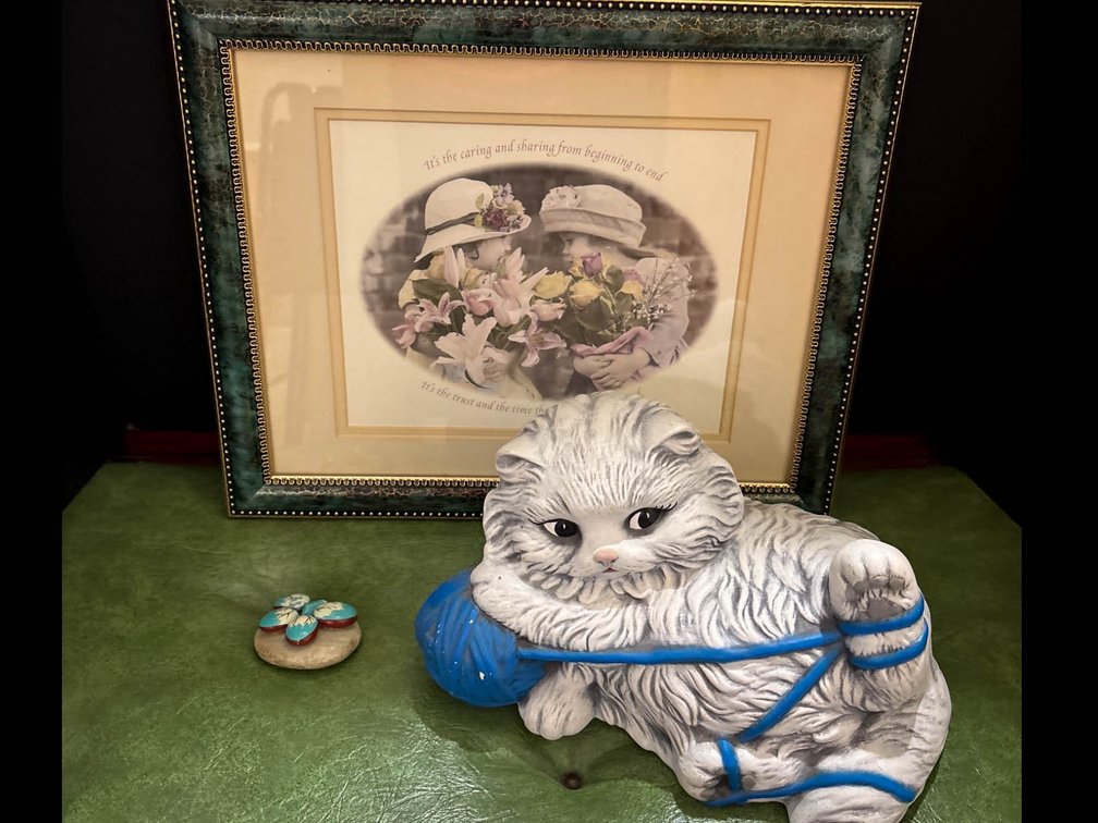 Framed Floral Print and Ceramic Cat Decor