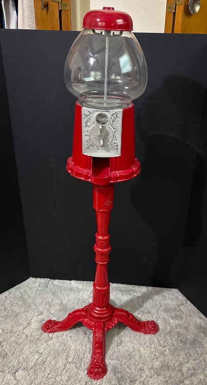 Red Cast Iron Gumball Machine on Stand with Glass Globe