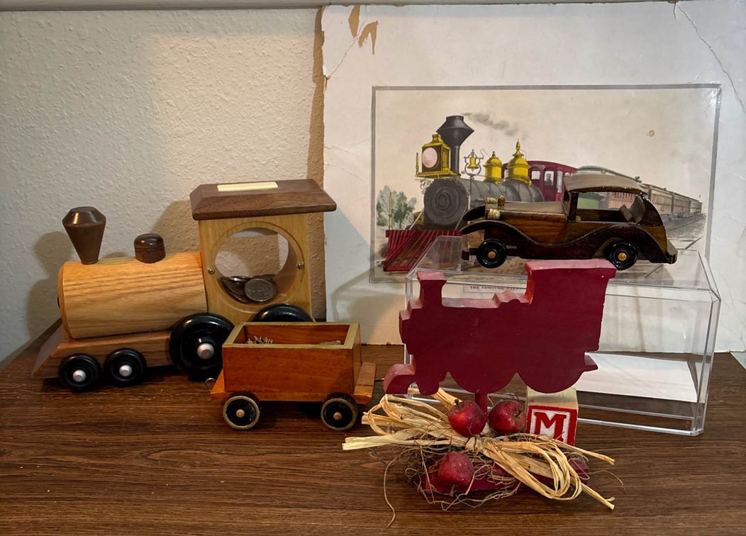 Wooden Train and Car Models with Vintage Train Lithograph