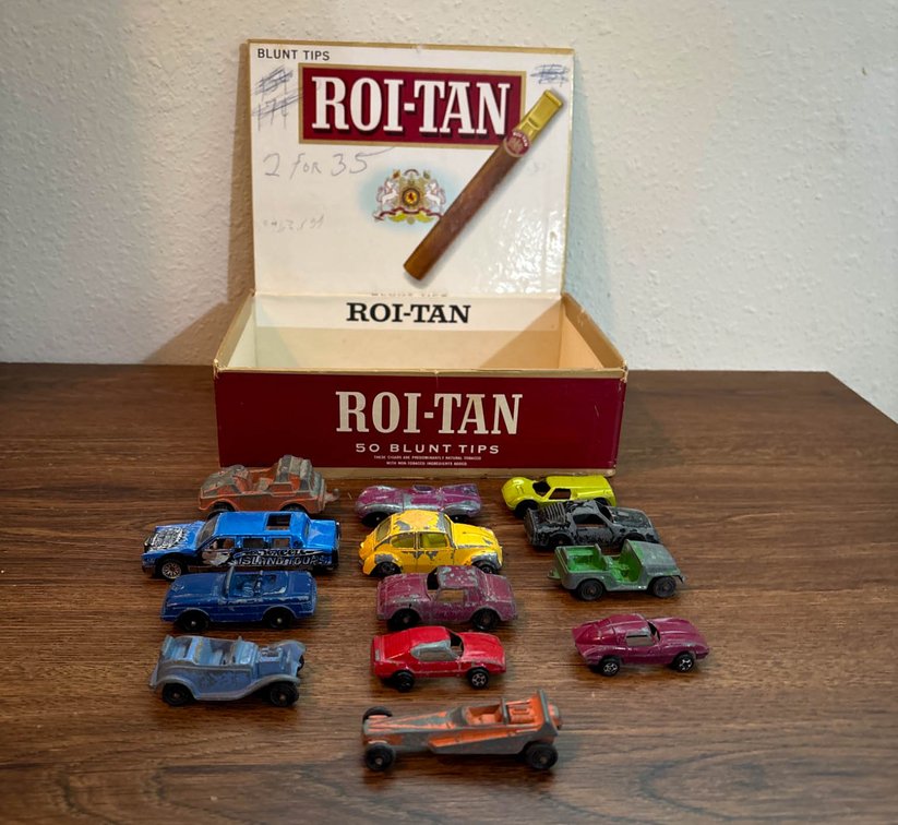 Vintage Die-Cast Toy Cars with Roi-Tan Cigar Box