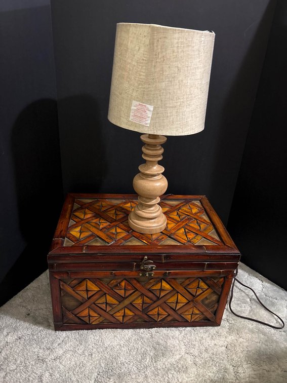 Wooden Chest with Geometric Inlay and Table Lamp