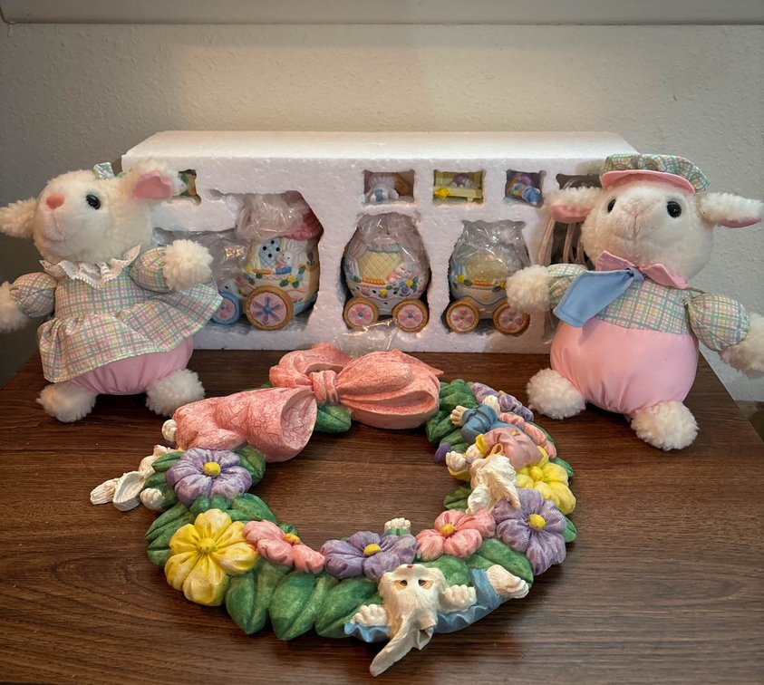 Easter Decor Set with Plush Lambs, Ceramic Wreath, and Egg Train