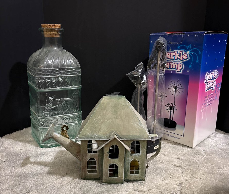 Decorative Lot with Glass Beverage Jug, House-Shaped Teapot, and Sparkle Lamp