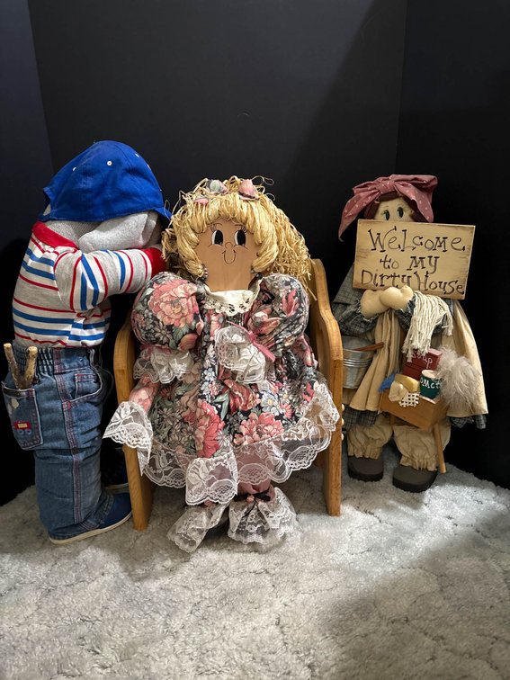 Handmade Cloth Dolls with Wooden Heart-Back Chair