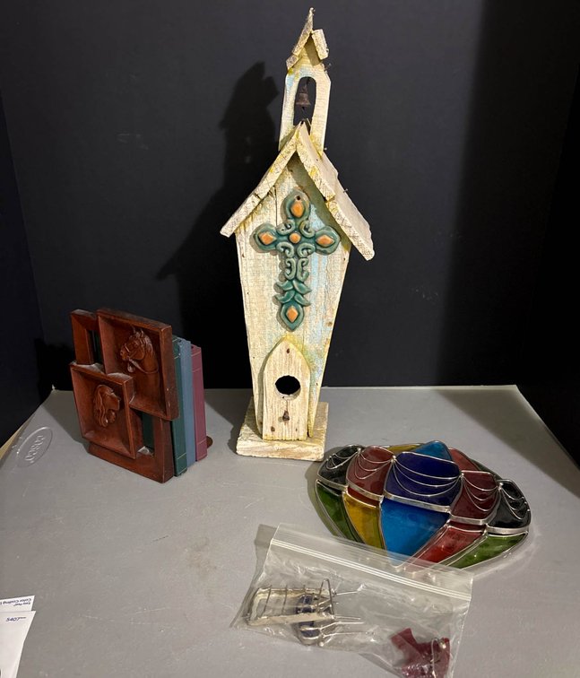 Decorative Items Including Birdhouse and Stained Glass Pieces