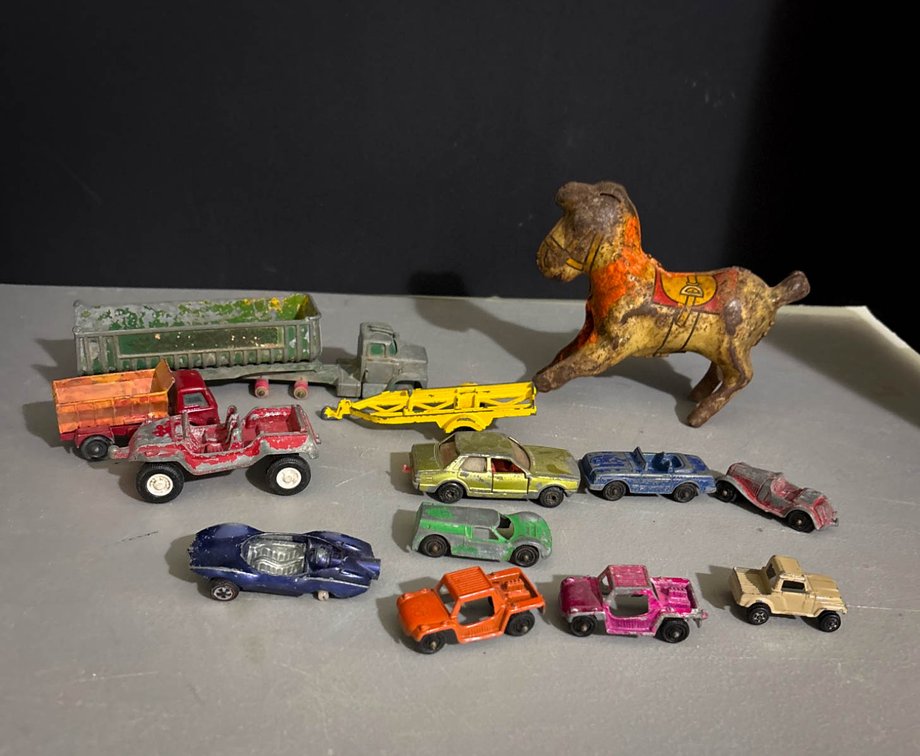 Vintage Die-Cast Vehicles and Cast Iron Dog Figurine
