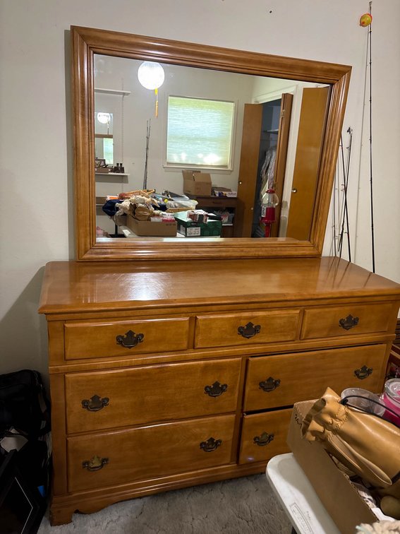 Solid Wood Dresser with Mirror and Brass Hardware