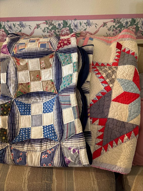 Two Hand-Stitched Patchwork Quilts with Multicolor Designs