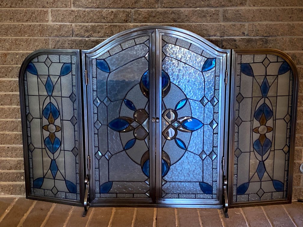 34” x 54” Stained Glass Fireplace Screen with Blue Accents