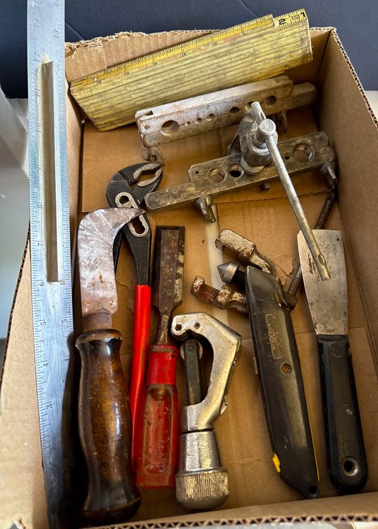 Box Lot of Mixed Hand Tools and Hardware Components