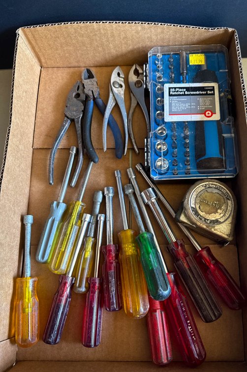 Hand Tools Including Screwdrivers, Pliers, and Ratchet Set