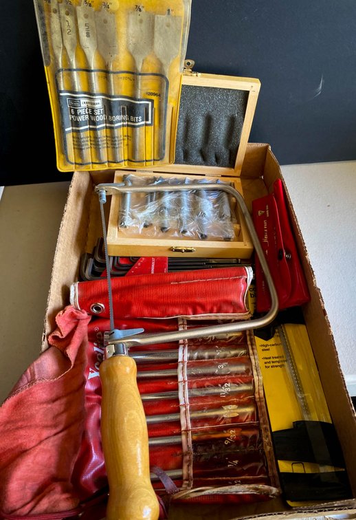Tools Including Drill Bits, Hex Keys, Saw, and Accessories