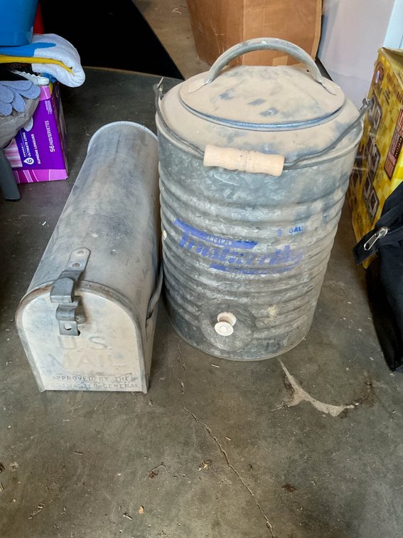 Metal US Mailbox and Vintage 5-Gallon Steel Water Cooler
